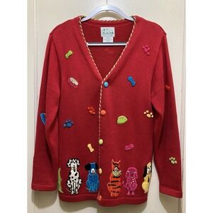 Quacker Factory Cardigan Sweater Womens Small Red Embroidered Dog Knit Buttons‎